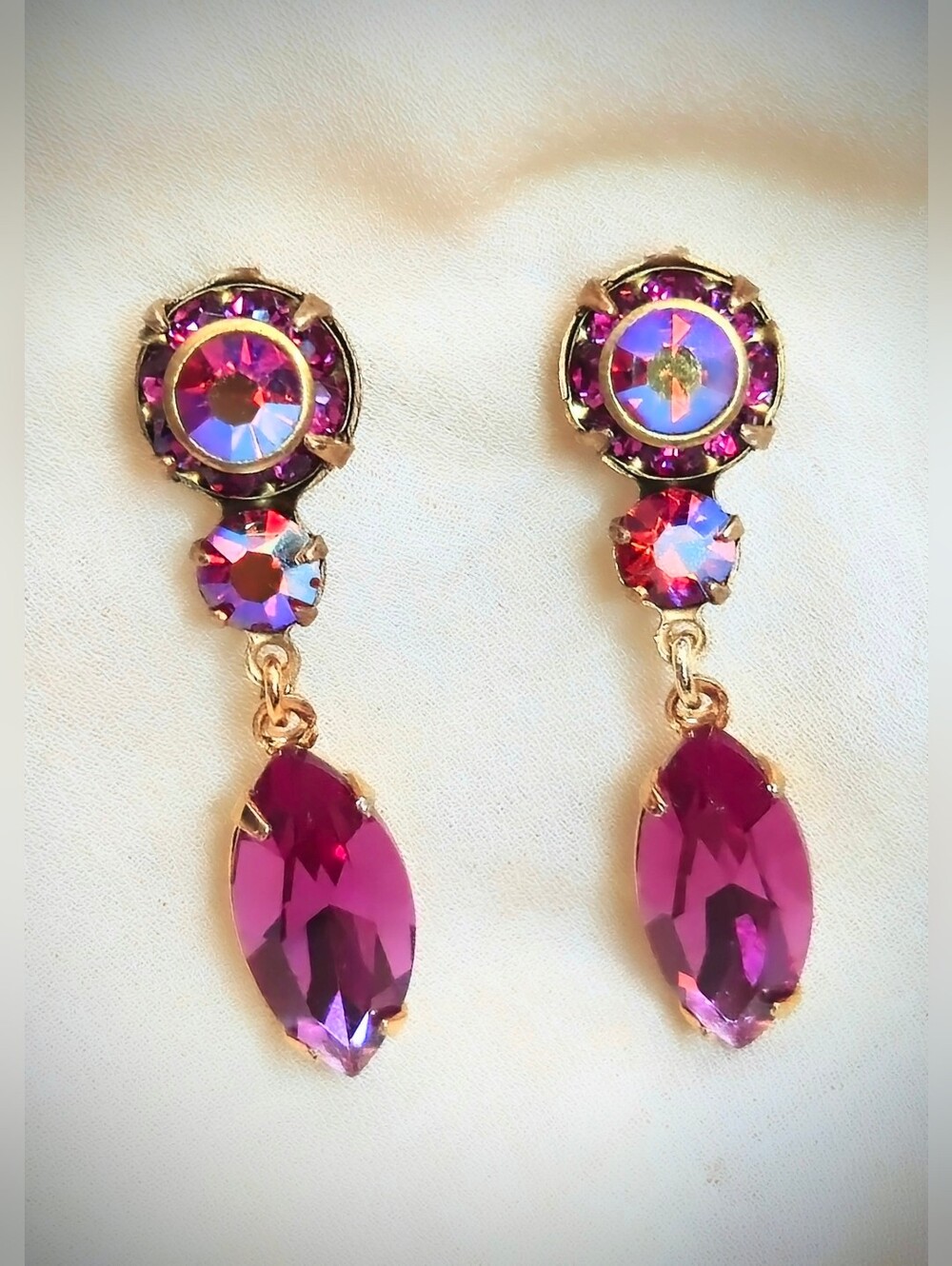 Sparkling Fuchsia In Vintage Artisan Handcrafted Gold Plated Drop Earrings